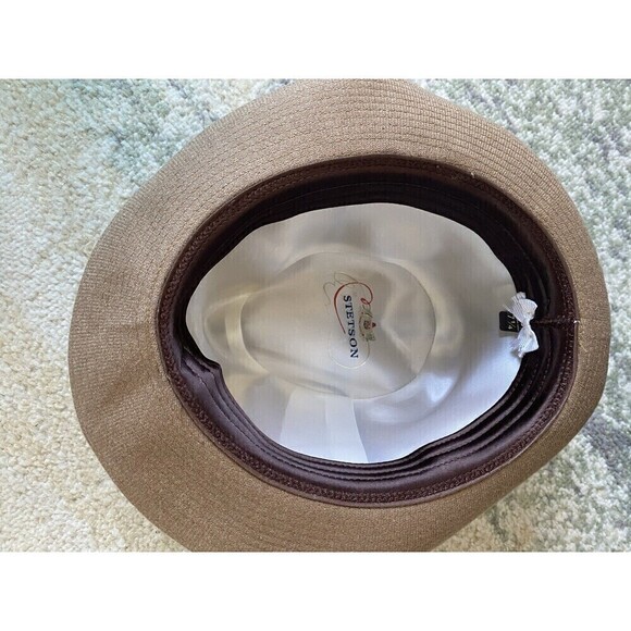 Vintage Stetson Mens TAN BEIGE Fedora Hat Size 7 1/4 Yellow Feather - Picture 6 of 9